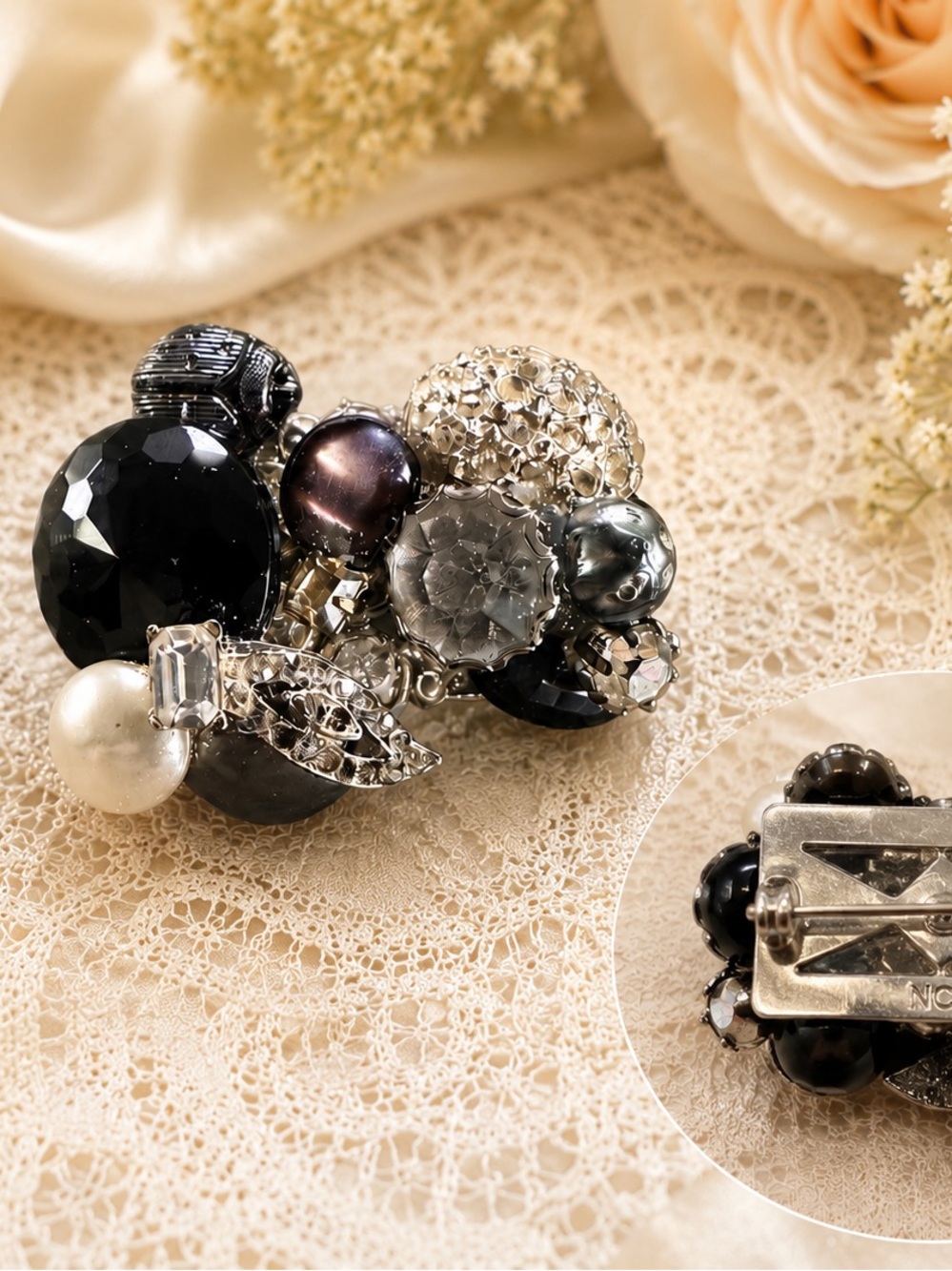 Vintage-Inspired Black and Silver Cluster Brooch - Unbranded